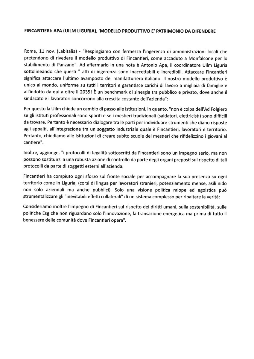FINCANTIERI: APA (UILM LIGURIA), 'MODELLO PRODUTTIVO E' PATRIMONIO DA DIFENDERE' -dichiarazione di Antonio Apa da "Labitalia"