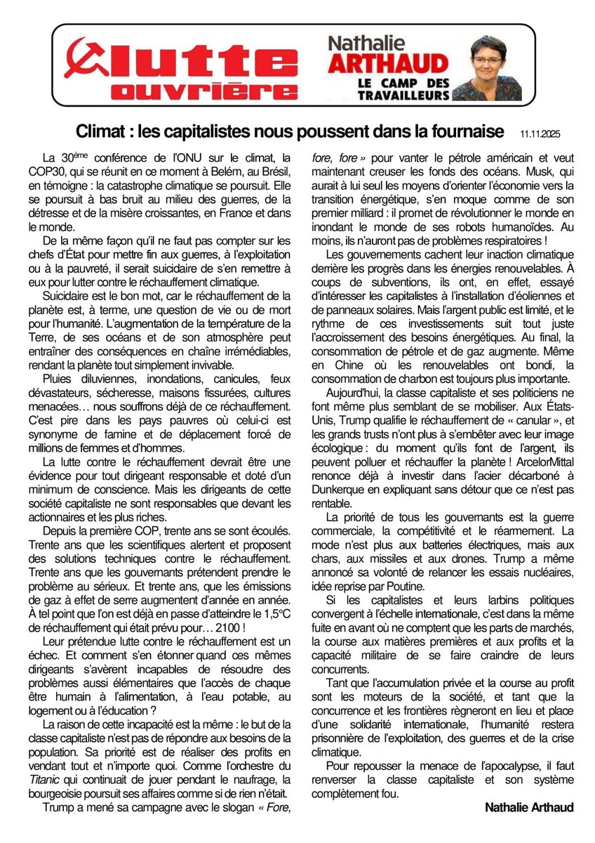 n_arthaud's tweet photo. COP30, les capitalistes nous poussent dans la fournaise.
L'édito de cette semaine ⬇️ https://t.co/ZHU2qKunLC