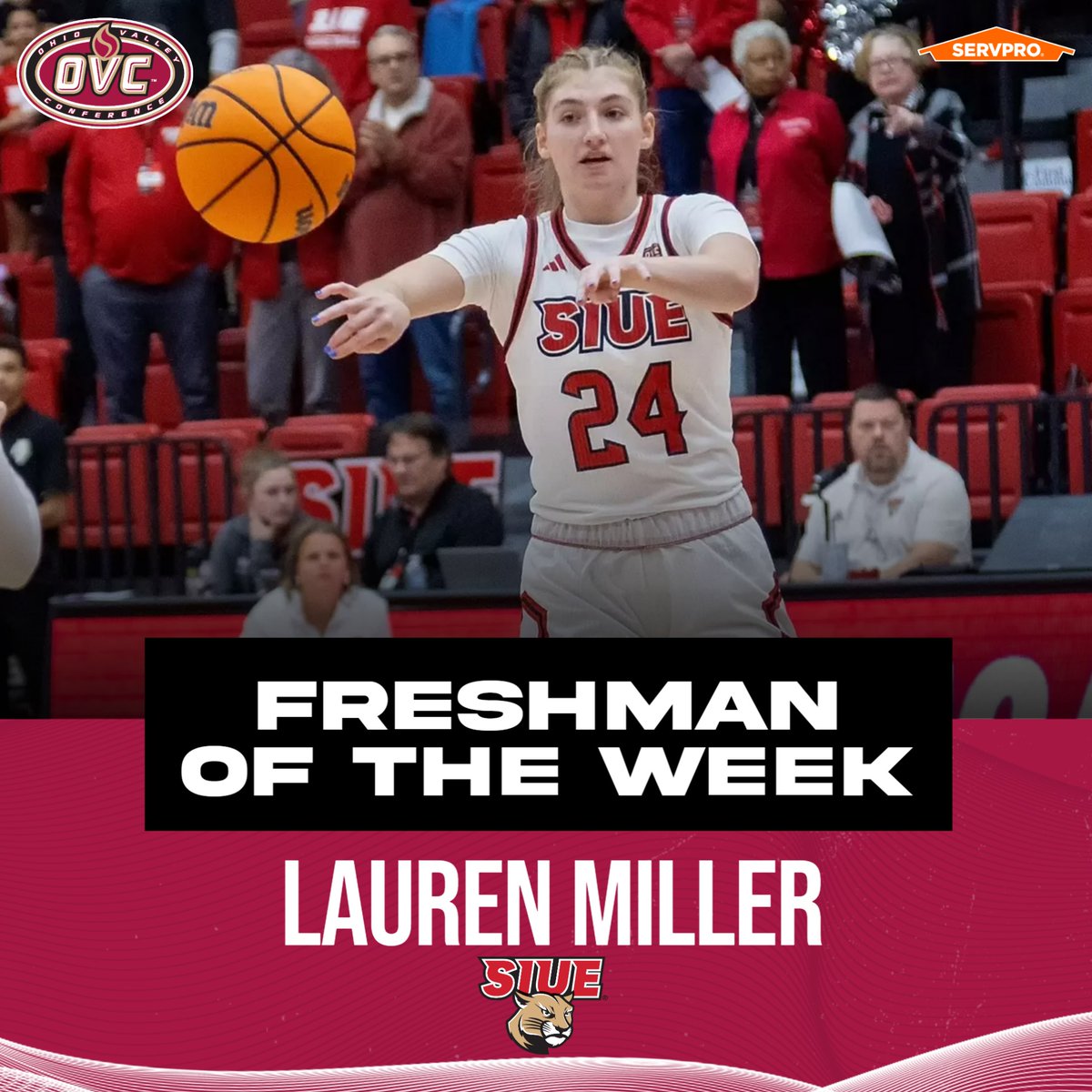 OVCSports's tweet image. She averaged 14.7 points and shot 43% from the field; Registered 25 points &amp;amp; nine boards in a win over Eastern Kentucky

@SIUEWBB Lauren Miller is the 𝗢𝗩𝗖 𝗪𝗼𝗺𝗲𝗻&apos;𝘀 𝗕𝗮𝘀𝗸𝗲𝘁𝗯𝗮𝗹𝗹 🏀 𝗙𝗿𝗲𝘀𝗵𝗺𝗮𝗻 𝗼𝗳 𝘁𝗵𝗲 𝗪𝗲𝗲𝗸. 

#OVCit | #RollCougs