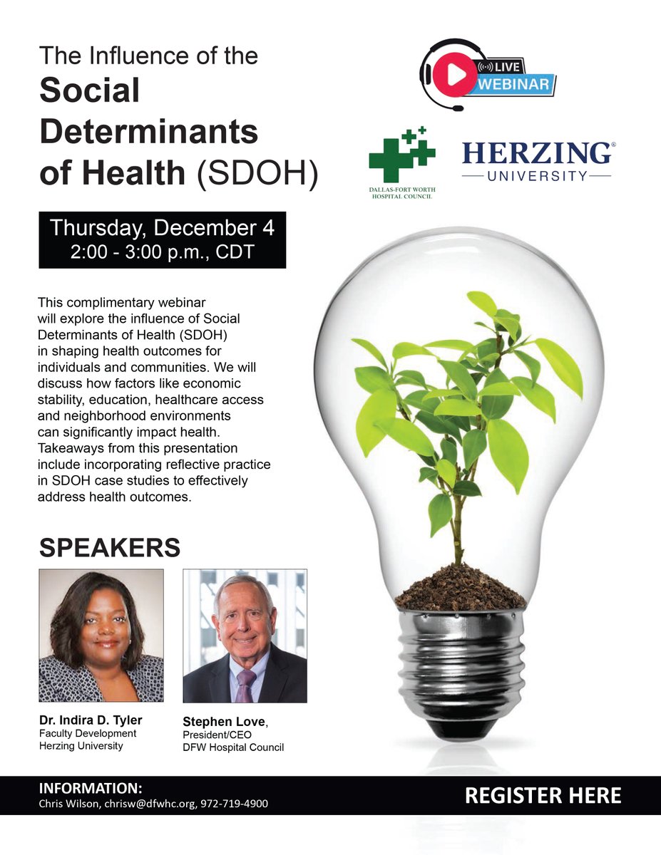 <a href="/DFWHCouncil/">DFW Hospital Council</a> and <a href="/HerzingUniv/">Herzing University</a> to co-host "SDOH" webinar on Dec. 4! #educationalevent #socialdeterminants #communityhealth 
dfwhc.org/dfwhc-and-herz…