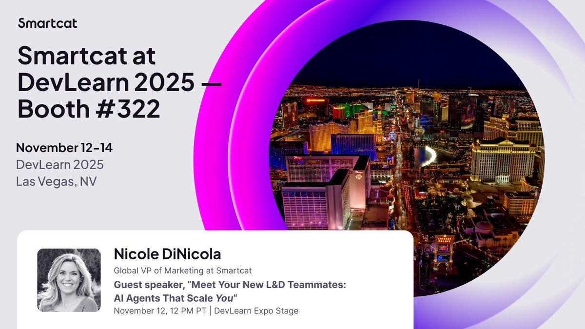SmartcatAI's tweet image. Heading to #DevLearn2025 this week? Come say hi to us at booth 322!

Pus, don’t miss Smartcat&apos;s own Nicole DiNicola on the Expo Stage:
🎙️ Meet Your New L&amp;amp;D Teammates: AI Agents That Scale You 
🗓️ Wed., Nov. 12th at 12 PM PT 

hubs.ly/Q03Sx6bR0

#LND #AIagents #Localization