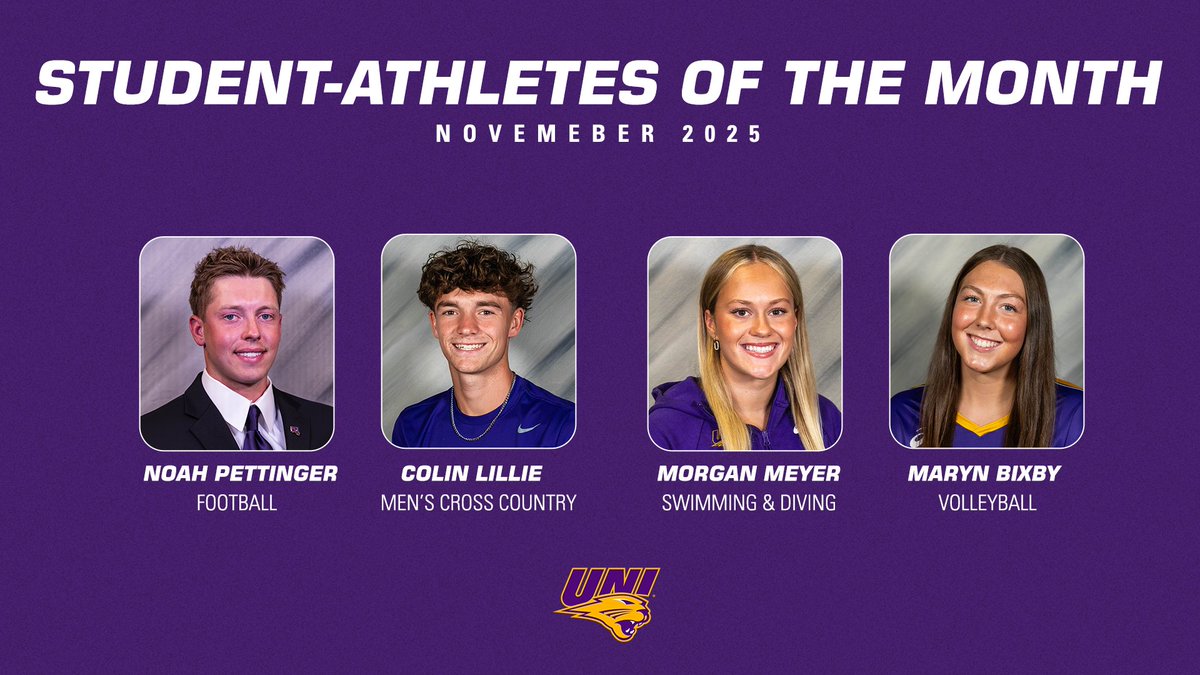 Panthers announce November 2025 Student-Athletes of the Month 😼

🏈 Noah Pettinger
🏃 Colin Lillie
🏊 Morgan Meyer
🏐 Maryn Bixby

📰 bit.ly/3WPvyM0

#EverLoyal | #1UNI