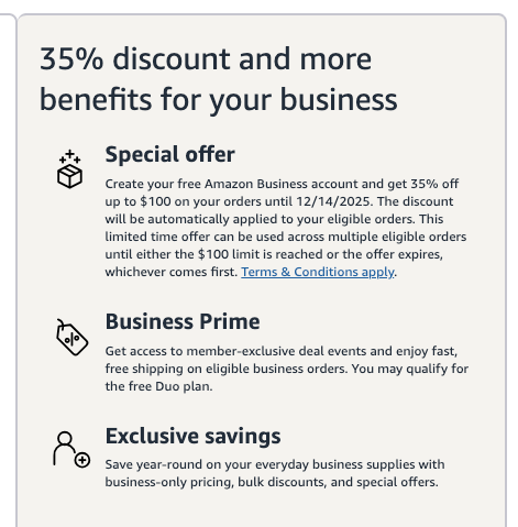 USCCStrategy's tweet image. #ad #Amazon: Create your free #AmazonBusiness account and get 35% off up to $100 on your orders until 12/14/2025.  
Signup Amazon #business: amazon.com/business/regis…
Terms: amazon.com/b?node=2133833…