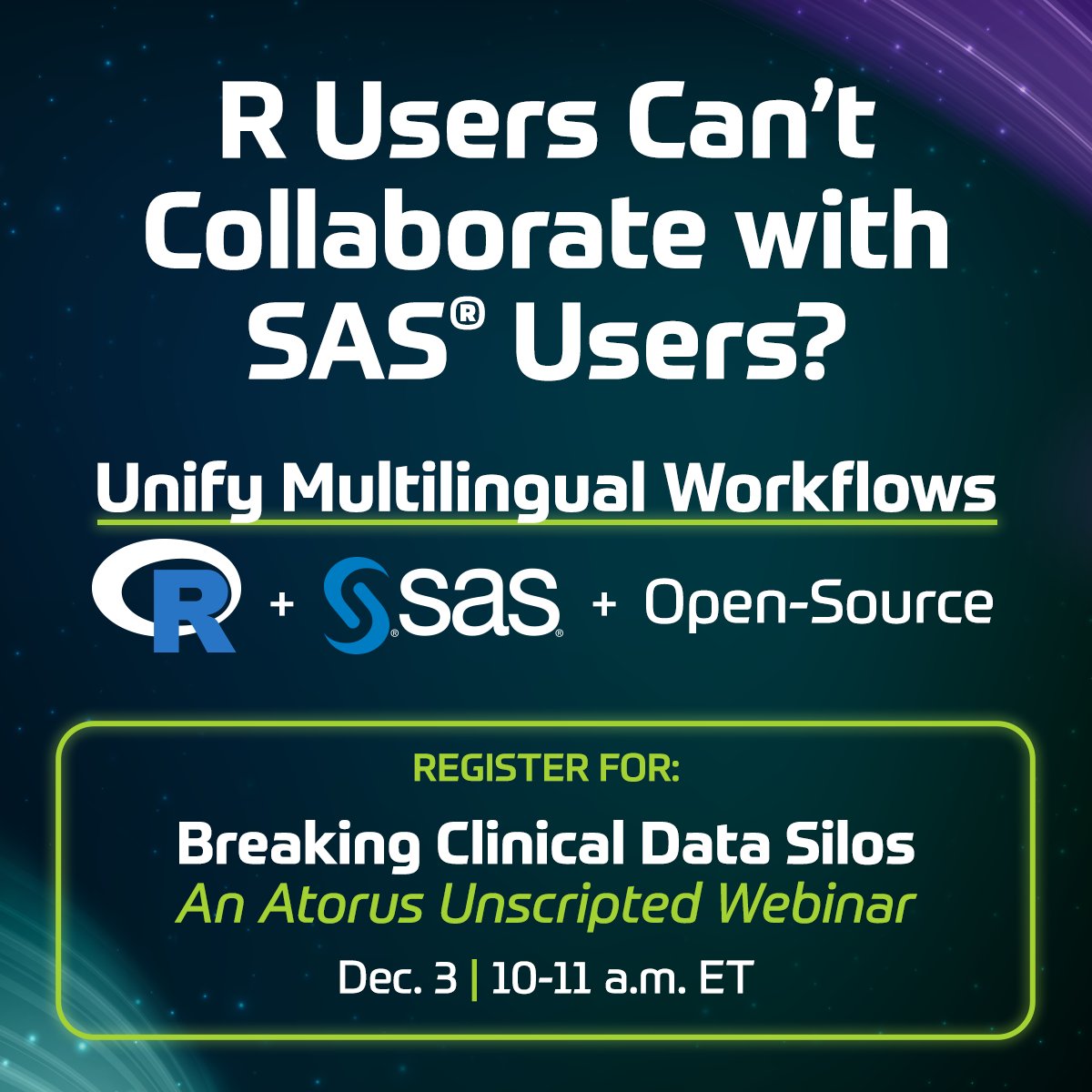 AtorusR's tweet image. Disconnected workflows slow progress. Join Breaking Clinical Data Silos, an Atorus Unscripted discussion on unifying R, SAS®, &amp;amp; open-source analytics for seamless collaboration. Boost insights &amp;amp; efficiency.  

Register: tinyurl.com/44nrweh7  

#AtorusUnscripted #DataThatDoes…