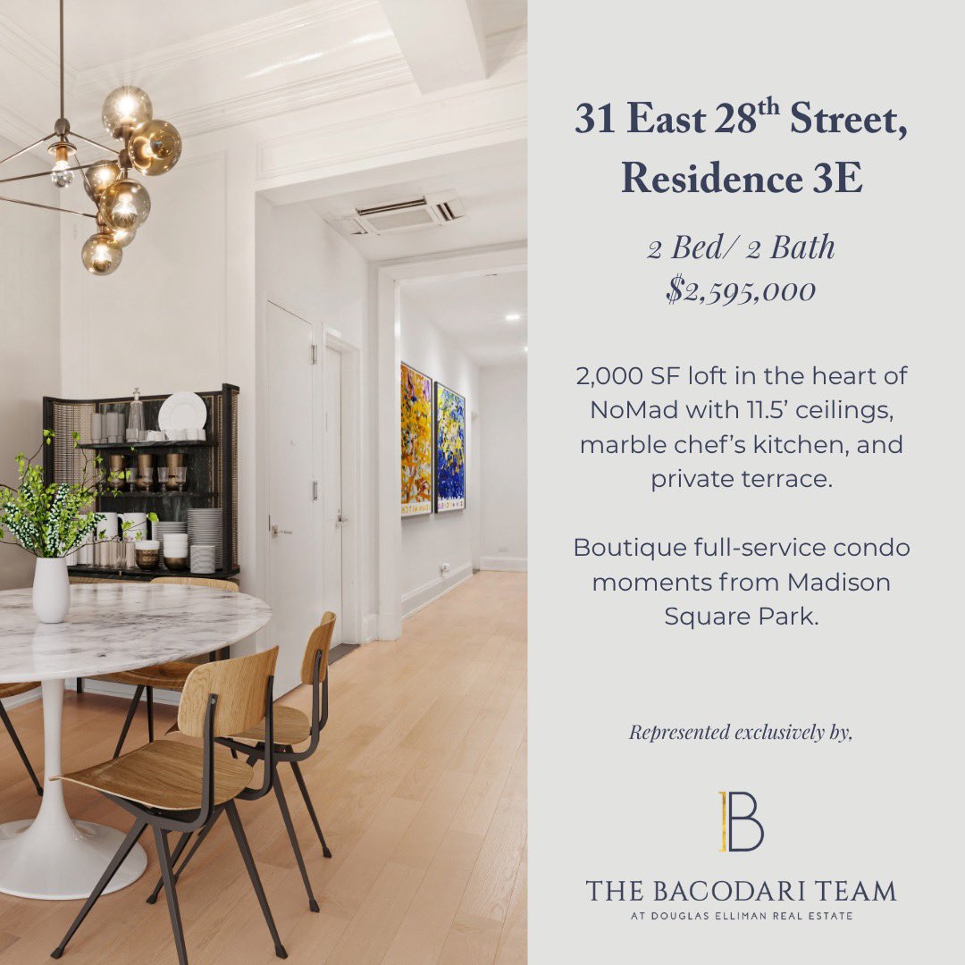 Bacodari's tweet photo. Proud to present this elegant NoMad loft — 2,000 SF with 11.5’ ceilings, a marble chef’s kitchen, and private terrace. A boutique full-service condo moments from Madison Square Park. Offered at $2,595,000.

#NYCRealEstate #NoMad #LuxuryLiving #TheBacodariTeam https://t.co/uBucQ243hZ