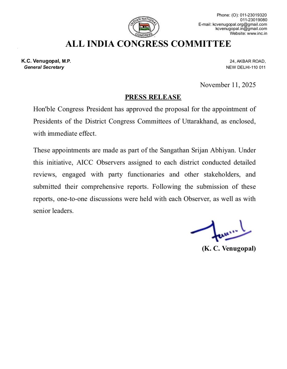 INCSandesh's tweet photo. Hon'ble Congress President has approved the proposal for the appointment of Presidents of the District Congress Committees of Uttarakhand, as enclosed, with immediate effect. https://t.co/oQoxZfX7Qb