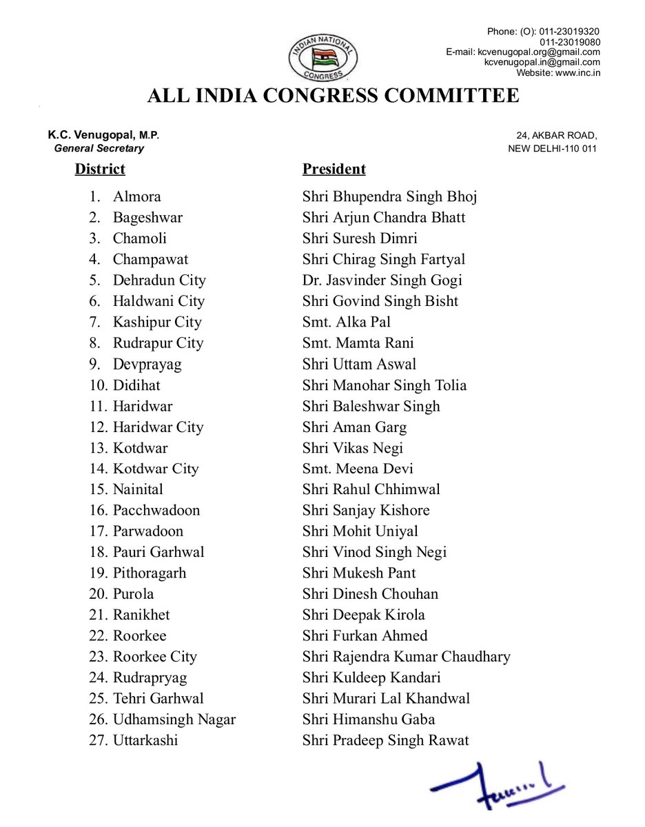 INCSandesh's tweet photo. Hon'ble Congress President has approved the proposal for the appointment of Presidents of the District Congress Committees of Uttarakhand, as enclosed, with immediate effect. https://t.co/oQoxZfX7Qb