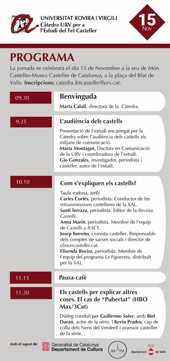 Recordem que per a la jornada sobre castells i mitjans de comunicació, cal inscriure's a catedra.fetcasteller@urv.cat. Aquí teniu el programa!