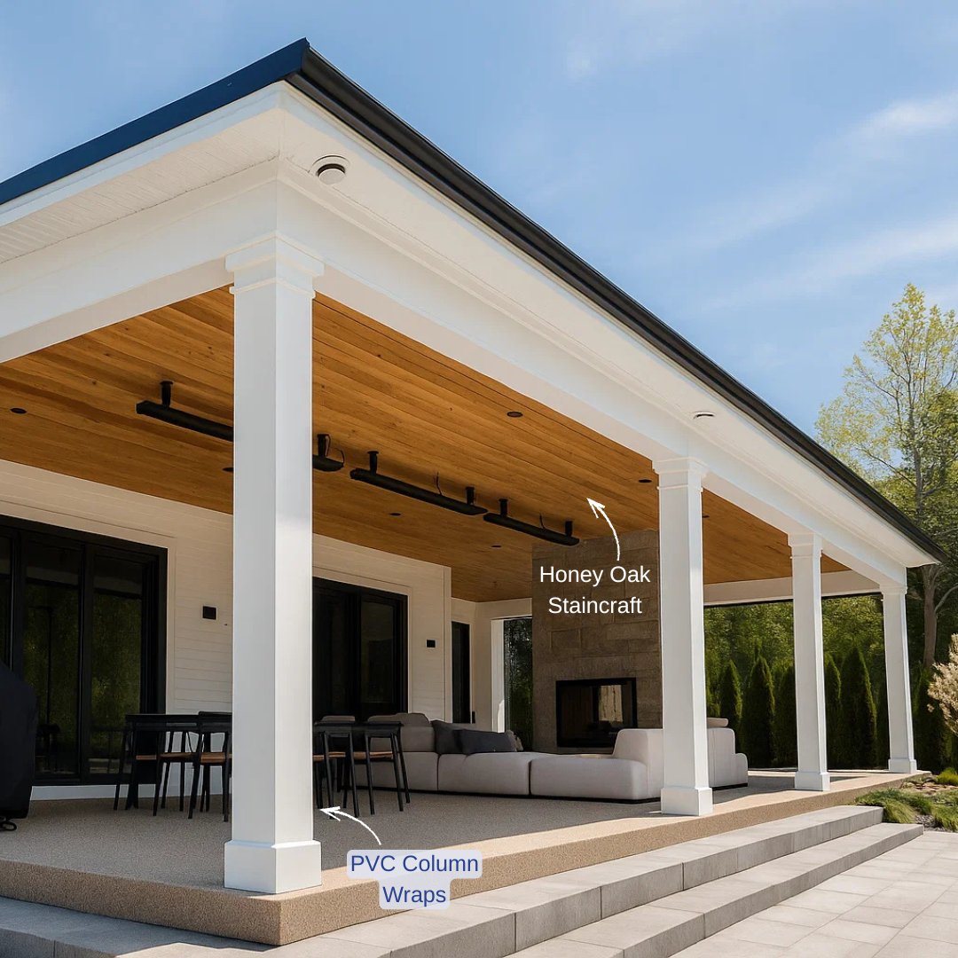 Elite_Trimworks's tweet image. Elevate your exterior with our Classic, Non-Tapered Porch Columns that conceal structural posts for a sleek look. Paired with StainCraft Soffit Boards in Honey Oak for warmth and durability! #PorchDesign #ExteriorDesign #PorchColumns #ColumnCovers #ExteriorTrim #HomeExterior