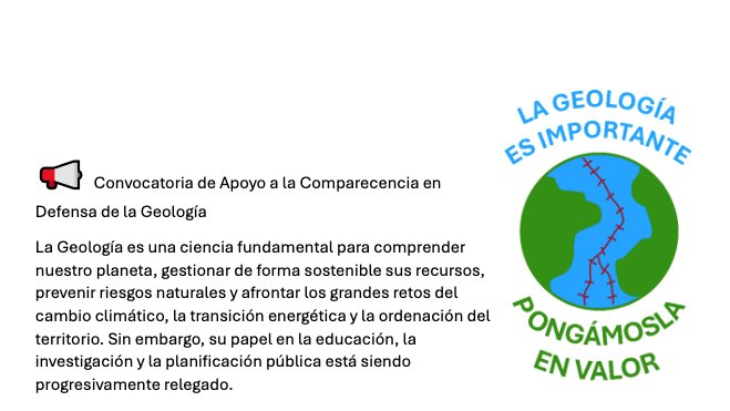 Defendemos la importancia estratégica de la Geología en la sociedad y reclamamos su reconocimiento en las políticas científicas, educativas y medioambientales de nuestro país.
<a href="/GeologiaUz/">Geologia_Unizar 🍉</a> <a href="/unizar/">Universidad Zaragoza</a> <a href="/GobAragon/">Gobierno de Aragón</a> <a href="/sgeologica/">Soc Geológica España</a> <a href="/aepect/">aepect</a> <a href="/IGME1849/">Instituto Geológico y Minero de España</a> <a href="/IGeociencias/">IGEO (CSIC-UCM)</a>