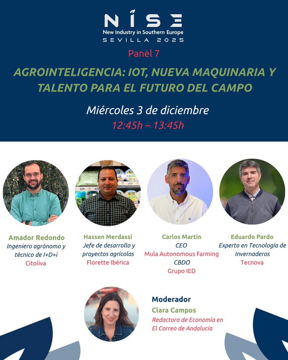 nisesevilla's tweet photo. 🌾 La #Agrointeligencia será protagonista en #NISESevilla2025. 

IoT, nueva maquinaria y talento para el futuro del campo, con @citoliva, @Florette_es, Mula Autonomous Farming y @CTTecnova.
🎙 Moderadora: Clara Campos
🔗 https://t.co/IunieXgUCg https://t.co/LL21khKM0k