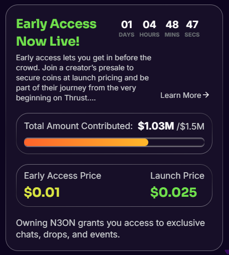 MOTHERprovides's tweet photo. There is just about a day left in the N3on (@N3onOnYT) presale on Thrust (@thrustdotcom). Excited to see the amount raised over $1M.

Expecting a sellout, so if you want to get in while the presale valuation is at $0.01, make sure to do it soon.

Link: https://t.co/K8lKcRdIPu 

$MOTHER $NEON