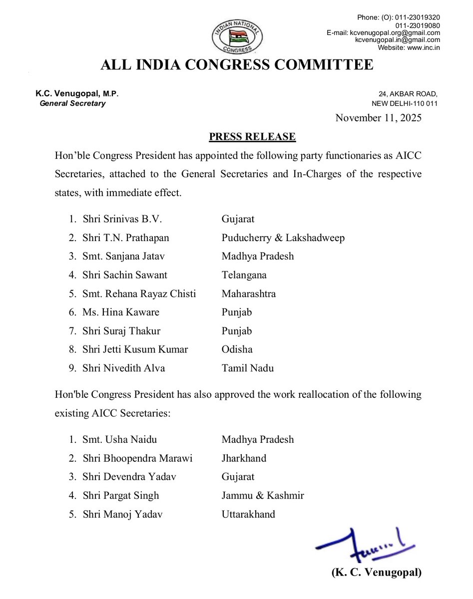 INCSandesh's tweet image. Hon&apos;ble Congress President has appointed the following party functionaries as AICC Secretaries, attached to the General Secretaries and In-Charges of the respective states, with immediate effect.