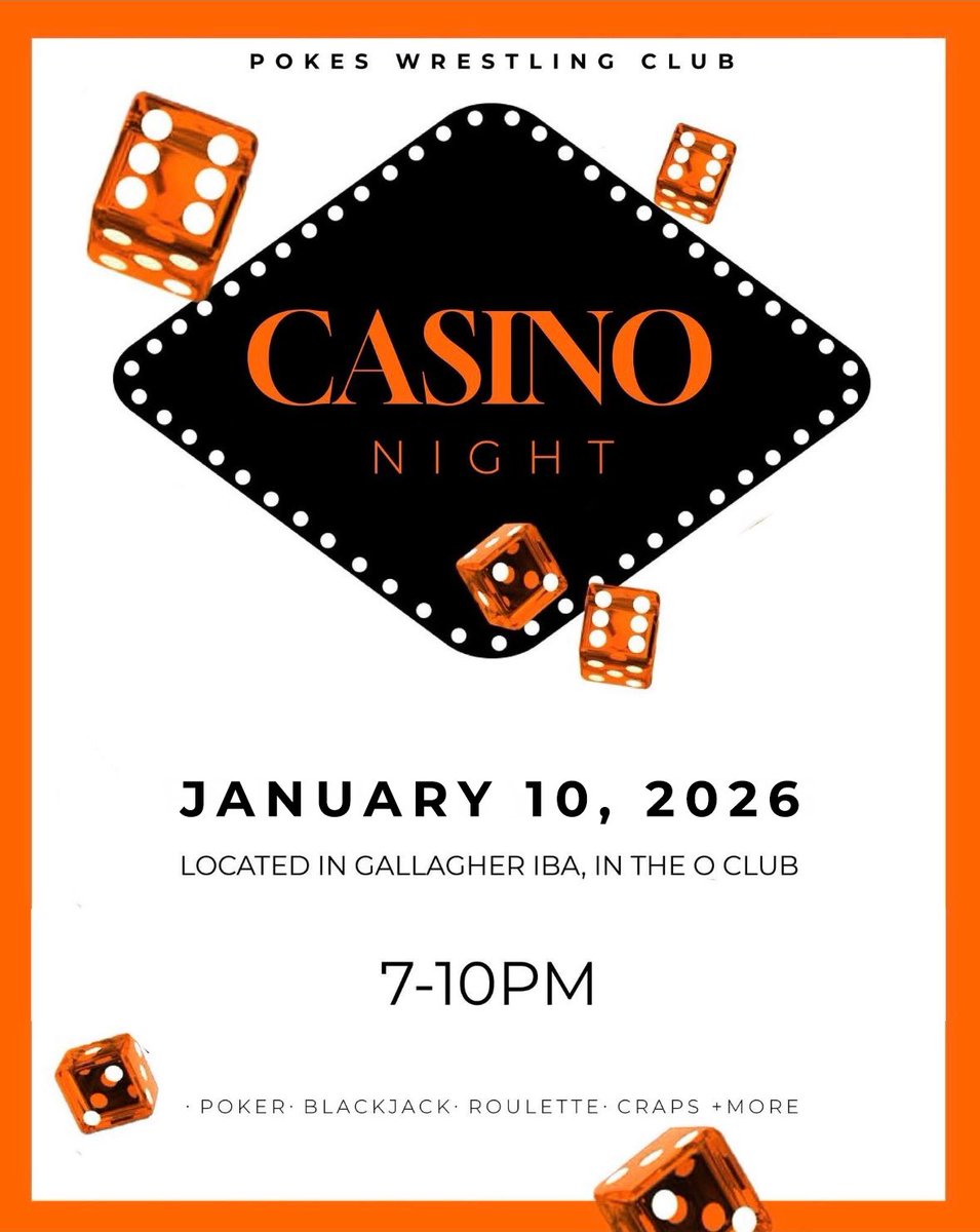 PokesWrestling's tweet photo. Casino Night is back on January 10! Swing by Gallagher IBA at the O Club from 7 to 10PM for poker, blackjack, roulette, craps, and a good time with the Pokes. Let’s make it a night. 🎲

🔗 Link to sign up - https://t.co/l5SdQVXEJh https://t.co/5HX7sUoJ7I