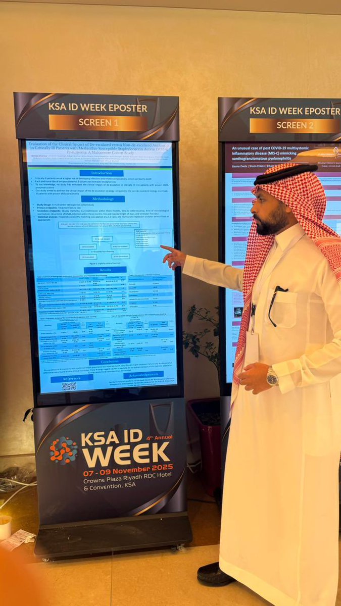 We’re proud of our R2, Dr. Ahmed Alnefaie for presenting his poster at KSA ID Week 2025 titled:
“Evaluation of the Clinical Impact of De-escalated versus Non-de-escalated Antibiotics in Critically Ill Patients with  (MSSA) Pneumonia: A Multicenter Cohort Study.”
Congratulations!