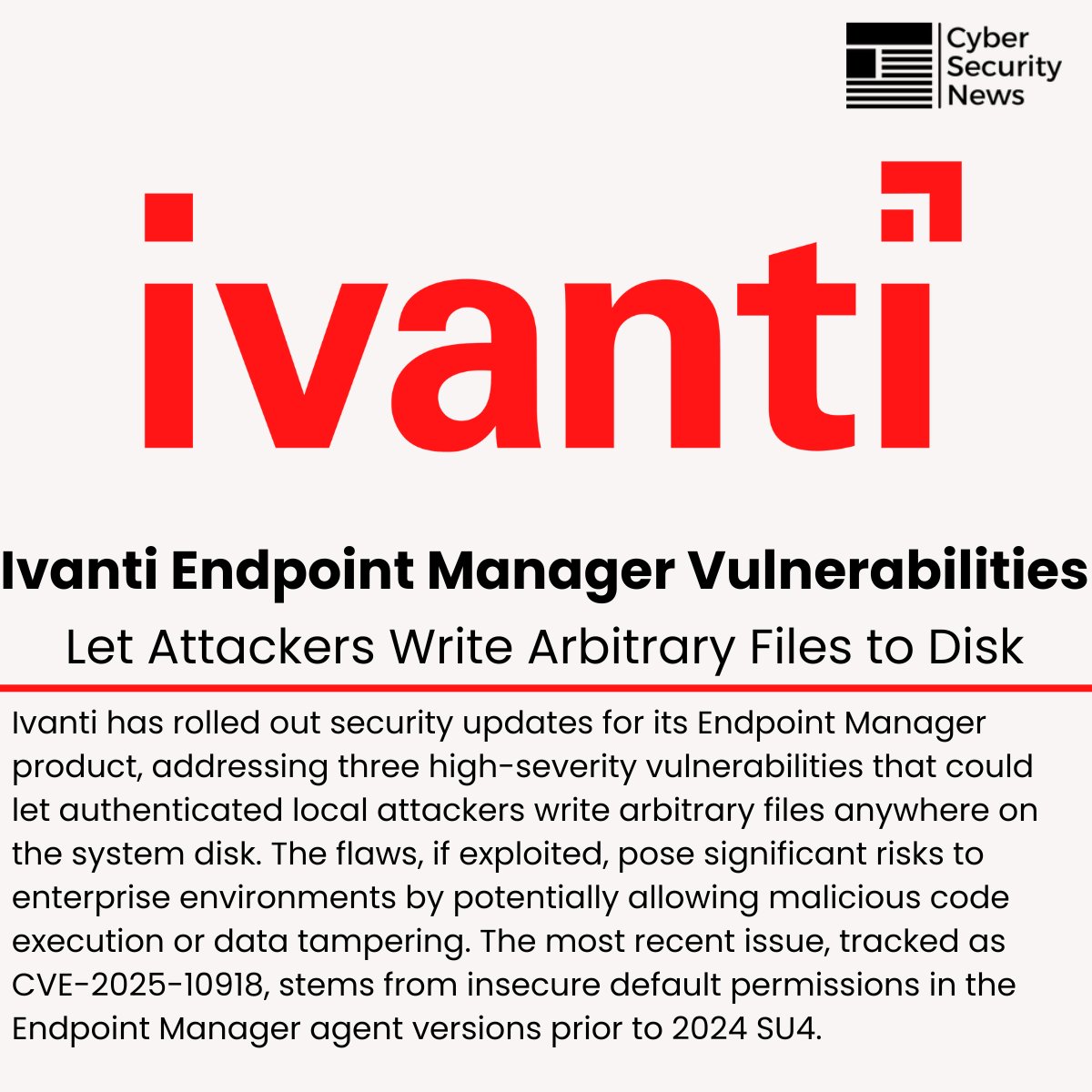 gbhackers_news's tweet image. ⚠️ Ivanti Endpoint Manager Vulnerabilities Let Attackers Write Arbitrary Files to Disk

Read more: cybersecuritynews.com/ivanti-endpoin…

#cybersecuritynews #vulnerabilities #ivanti