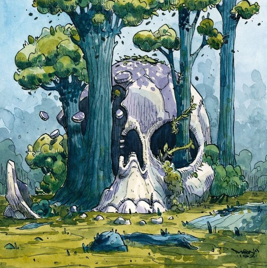 Storyte45764892's tweet image. A remnant of a forgotten age. This giant skull, overgrown by the forest, tells a story of ancient battles. Love the watercolor style! 💀🌳 #FantasyArt #AncientRuins #SkullArt #Watercolor #LostWorld