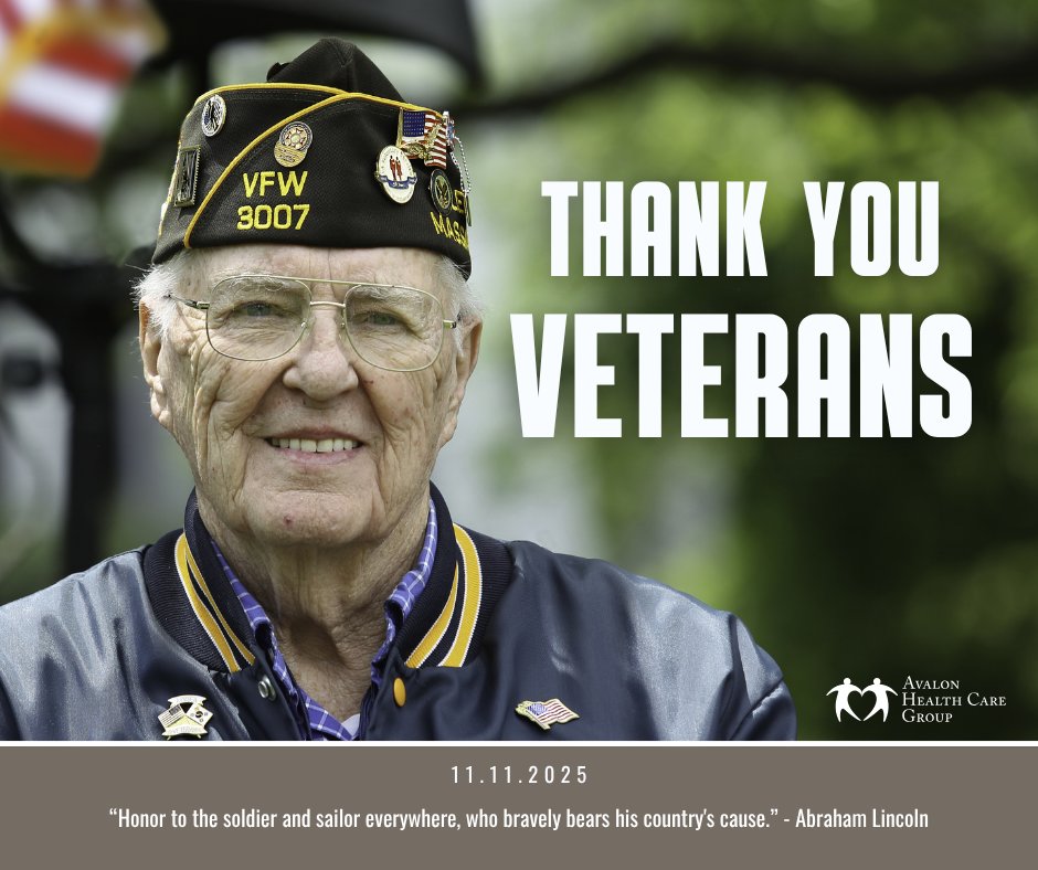avalonhcgroup's tweet photo. To all our Veterans, past and present: thank you for your service to our country. Your courage, commitment, and selfless sacrifice ensures the freedoms and way of life we cherish, and it is a debt that we can never fully repay.  Happy Veterans Day from Avalon Health Care. https://t.co/kAhEyFaAgN