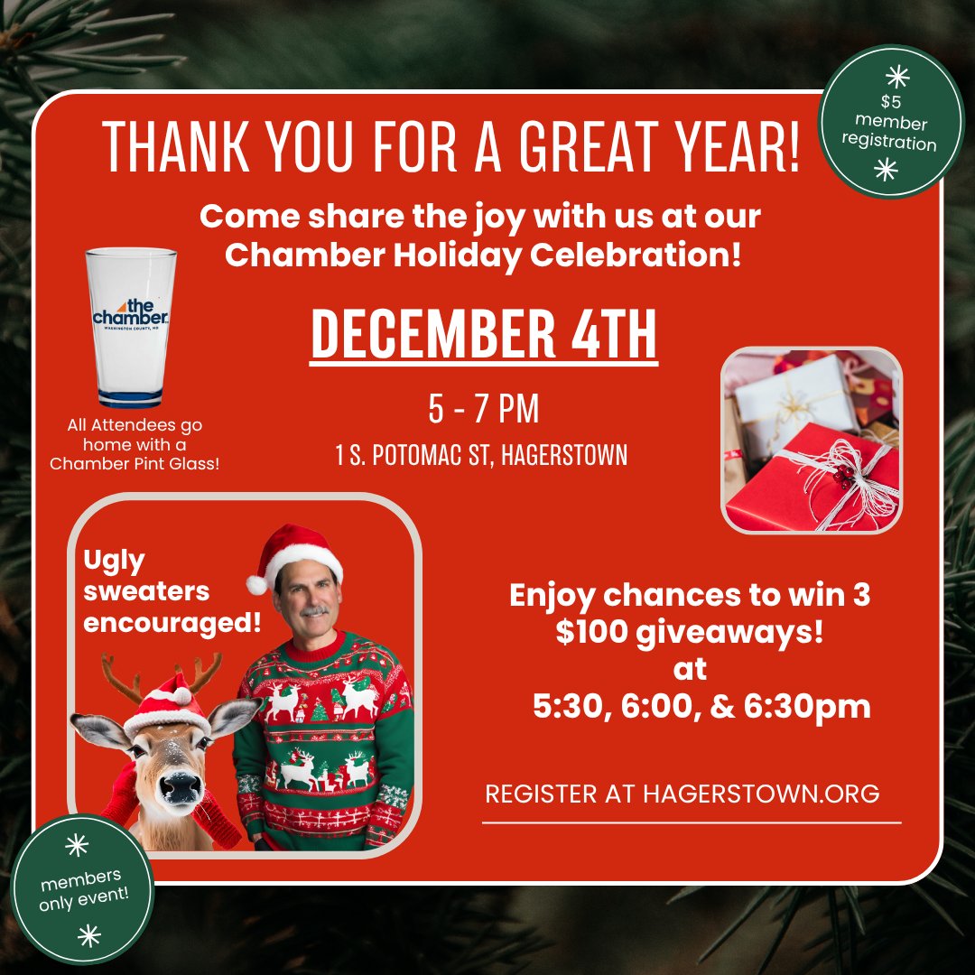 🎉It’s time to celebrate the season — and another successful year!🎉

Join us for our Members-Only Chamber Holiday Celebration — an evening filled with festive fun, great company, and holiday cheer. ✨

Register Here: …chamberofcommercemd.growthzoneapp.com/ap/Events/Regi…