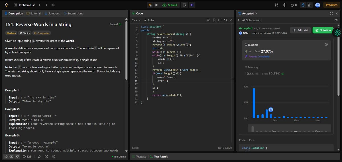GirishShar4549's tweet photo. Day 10 — Striver’s DSA Sheet 🔢
Worked on String problems today — loving how logic and patterns come together 💡
Step by step, building consistency and confidence 🚀
#Day10 #StriversSheet #DSA #100DaysOfCode #StringProblems #Consistency https://t.co/SXntHlSSl5