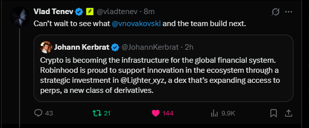 Krauz3N's tweet photo. What are the chances that @Lighter_xyz  will be listed on Robinhood on the TGE?
If you ask me, I’d say the chances are pretty high.
gLighter🕯️ https://t.co/0o3344fxvM