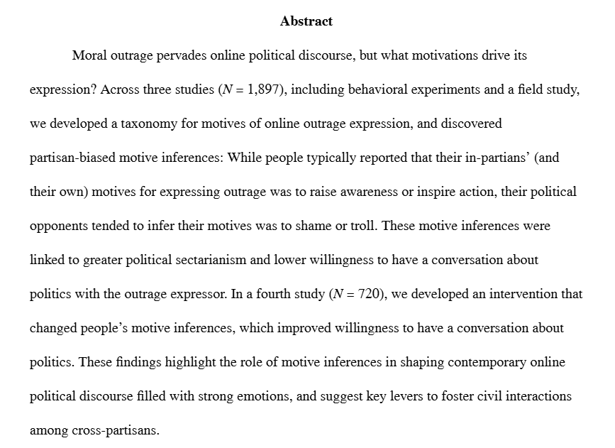 william__brady's tweet photo. ✨New preprint! Why do people express outrage online? In 4 studies we develop a taxonomy of online outrage motives, test what motives people report, infer for in- vs. out-partisans, and how motive inferences shape downstream intergroup consequences. led by @felix_chenwei  🧵👇 https://t.co/hluTc8DTDO