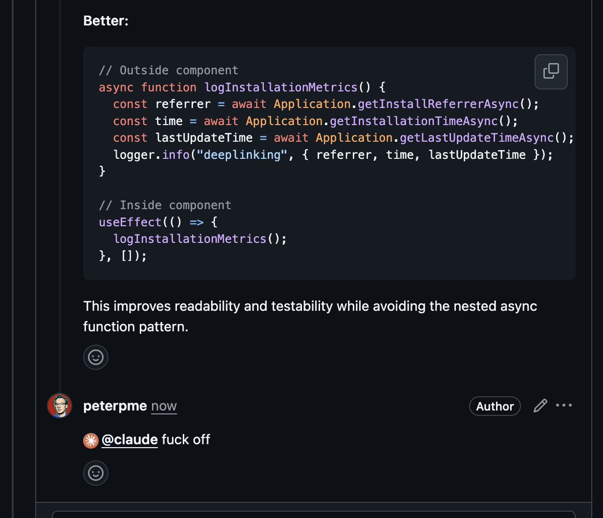 peterpme's tweet image. Building a performance PR review bot requires specific code to dismiss annoying comments