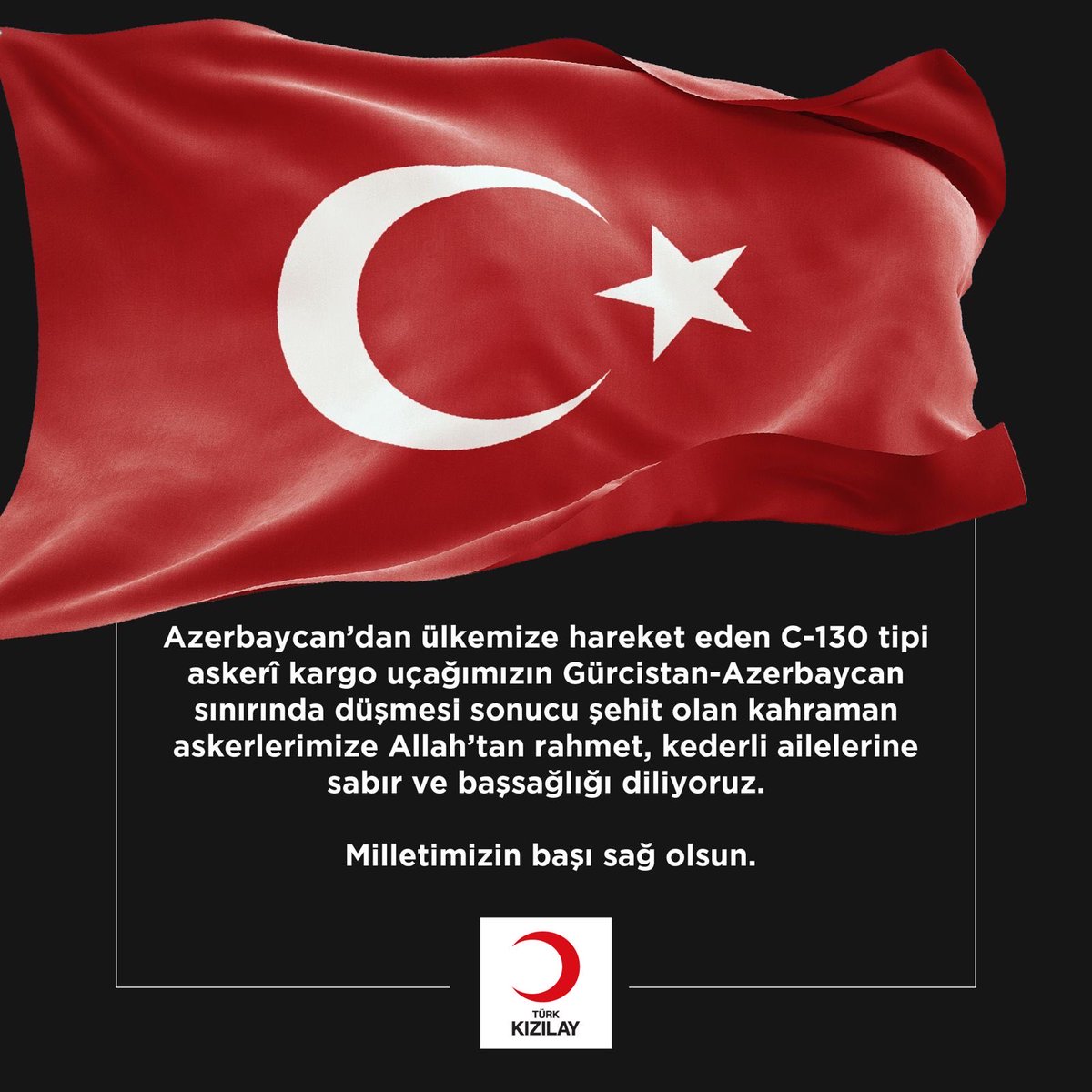 Azerbaycan’dan ülkemize hareket eden askerî kargo uçağımızın düşmesi sonucu şehit olan kahraman askerlerimize Allah’tan rahmet, ailelerine sabır ve başsağlığı diliyoruz.

Milletimizin başı sağ olsun. 🇹🇷