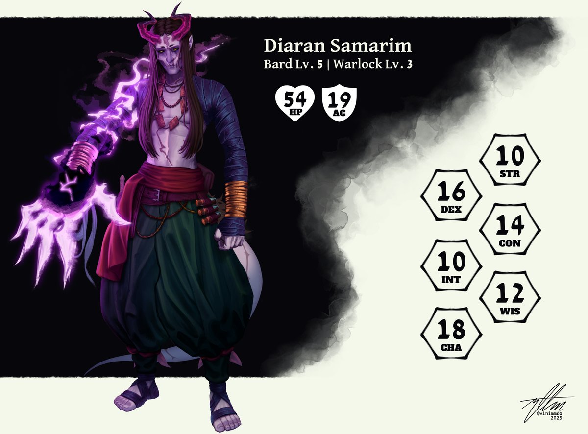 vinimmdo's tweet photo. Ever seen a Bardlock dance with madness? 💃🌀

My tiefling bard/warlock where College of Dance meets the Great Old One.

He moves to a quiet rhythm, wrapped in corrupted melodies from beyond.

#DnDArt #TTRPG https://t.co/xr5ddYKeEG
