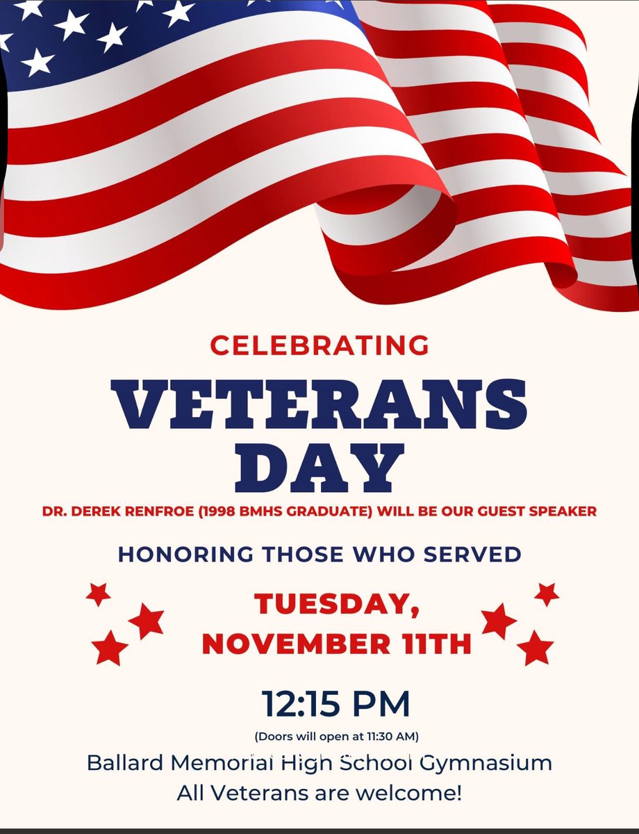 Ballard Memorial’s Veterans Day ceremony begin today at 12:15 inside the Green Palace.  Thank you Veterans!