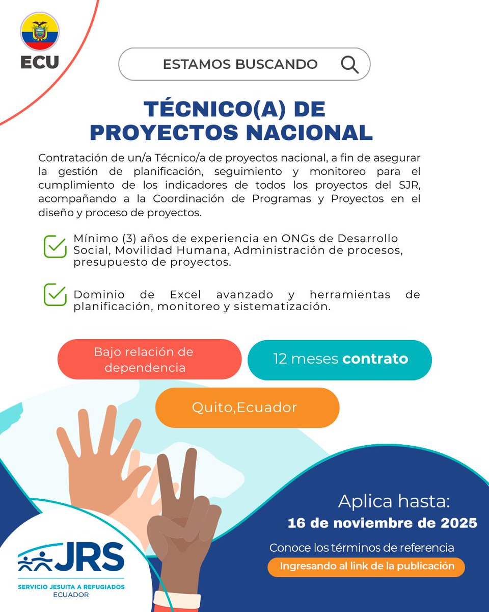 #Convocatoria 📷 | Técnico(a) de Proyectos Nacional.
🗒️Revisa los Términos de Referencia: acortar.link/o64YFr
⏰Envío de propuestas hasta: domingo, 16 de noviembre 2025, 18:00.