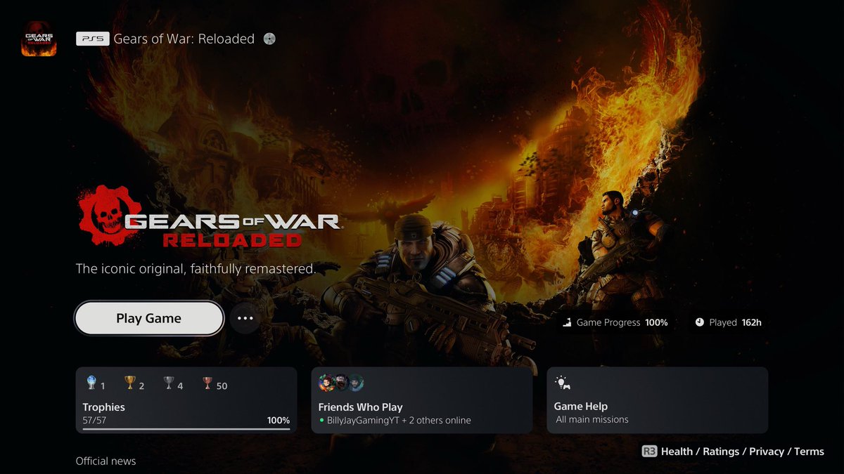 1KWeg's tweet photo. PLATINUM 100 goes to Gears Of War: Reloaded!

What a blast. 

3 months of non stop grinding. 10,000 multiplayer kills definitely burned me out but in the end I became an absolute beast at the game.

Hours - 162.
Difficulty - 5/10.
Grind - 9/10.
Enjoyment - 7/10. 

PLAT 100 🏆 https://t.co/c23mg9iNOO