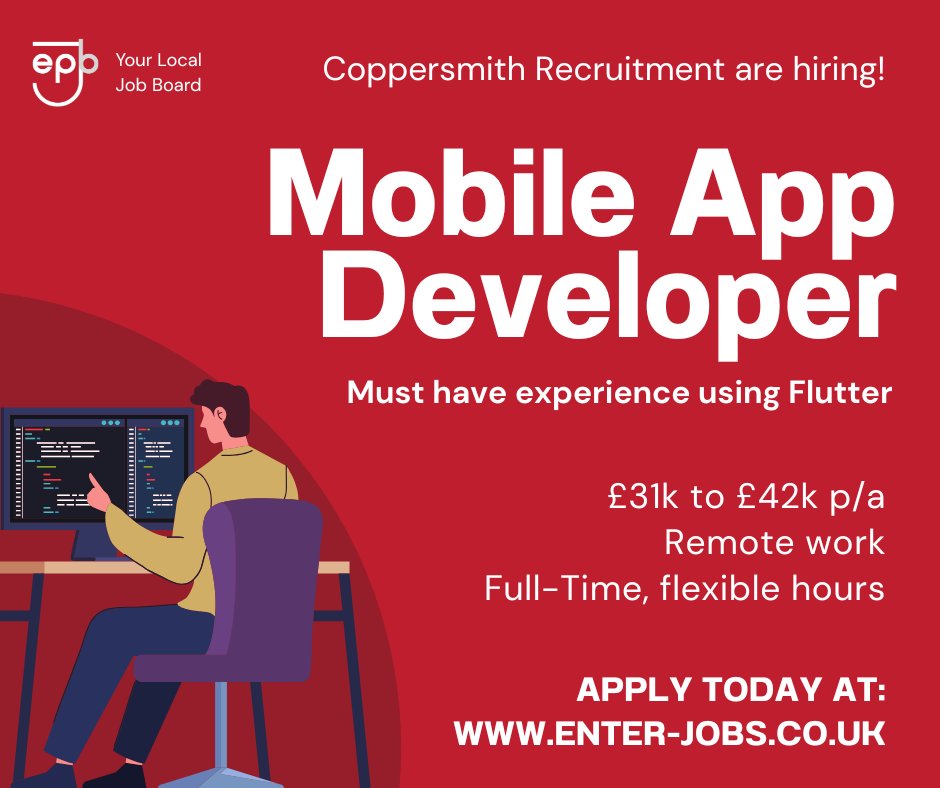 EnterJobs's tweet image. Coppersmith Recruitment and Services is seeking a Mobile App Developer to work remote, flexible hours.
Apply now via our website! 

#mobileappdeveloper #appdeveloperjobs #appdeveloper #developerjobs #webdeveloper #digitaldevelopmentjobs #digitalcreator #workfromhomejobs