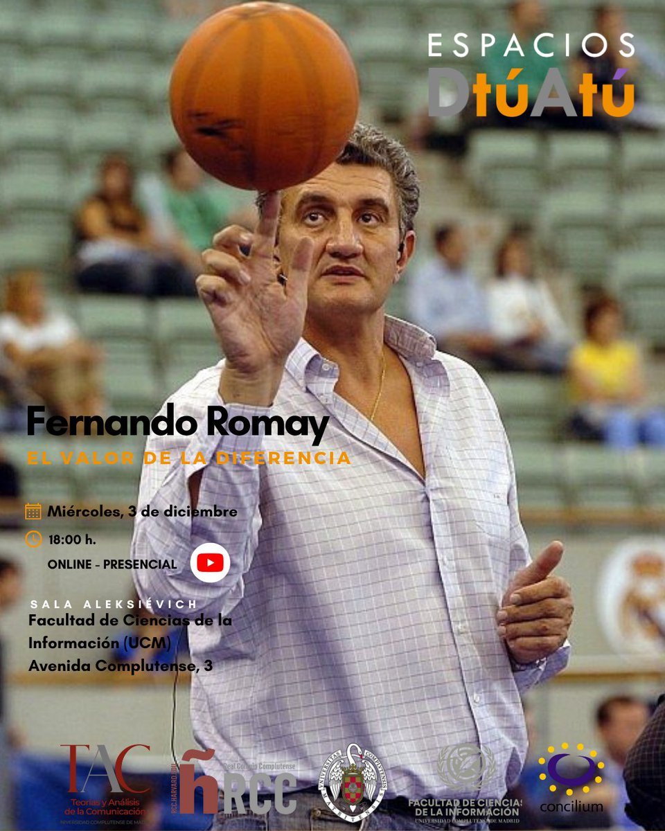Próxima cita en Espacios DtúAtú ✨
Fernando Romay — “El valor de la diferencia”

🗓 Miércoles, 3 de diciembre
⏰18:00 h
📍 Sala Aleksiévich, <a href="/unicomplutense/">Complutense</a>  <a href="/UCMccinf/">Facultad Ciencias Información</a>  
<a href="/BarrientosAlmu/">Almudena Barrientos-Báez</a> 
💻 Online + presencial
🔗 youtube.com/live/wnkR17rEa…

#periodismodeportivo #cienciasdedeporte