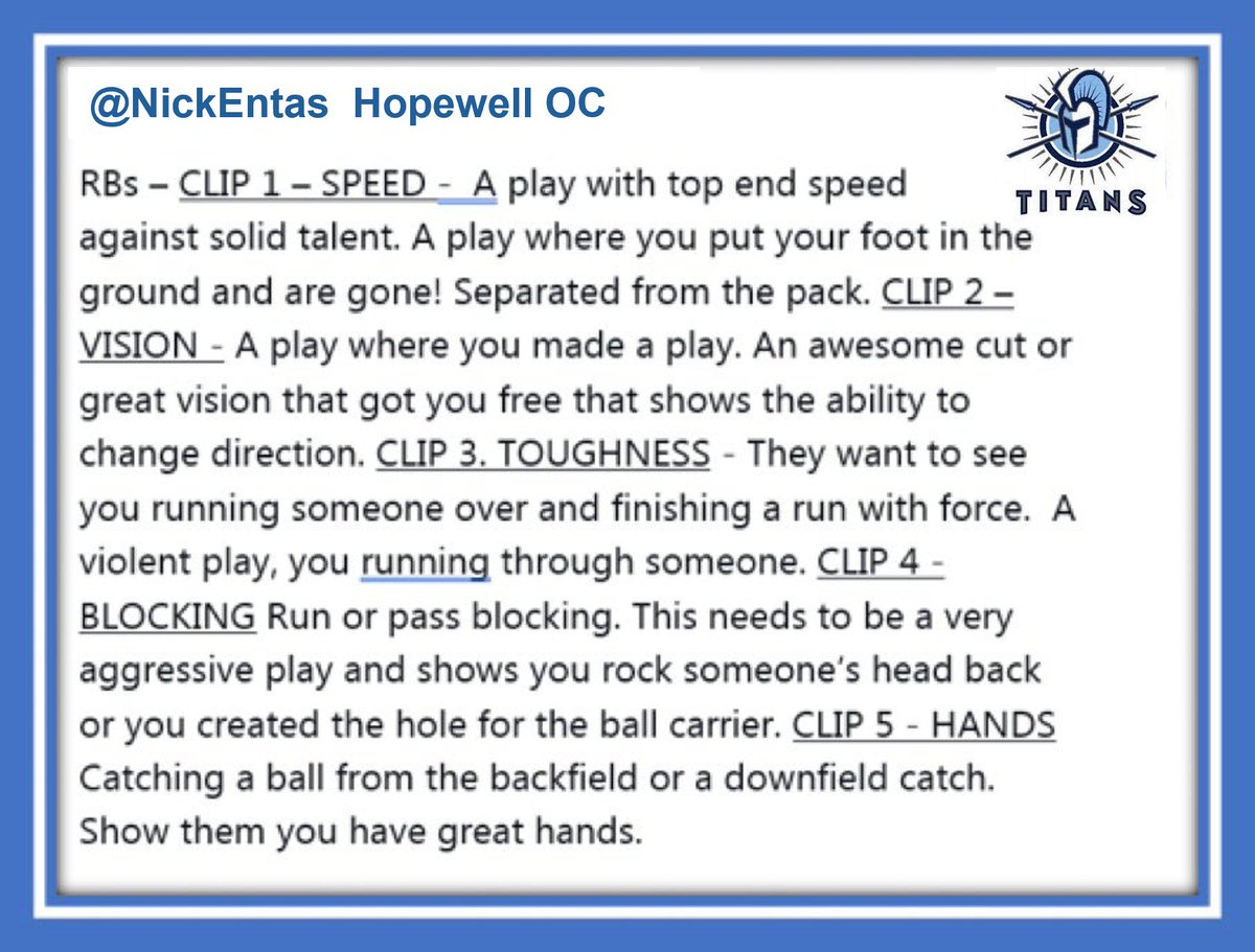 NickEntas's tweet image. RB's - Get your highlights right...See Below.  Follow this plan to get noticed.  Make coaches want to watch the rest of your highlights with the 1st 5 clips. @Coach_Sneed_ @Coach_Swagg4 @hopewell_fb
