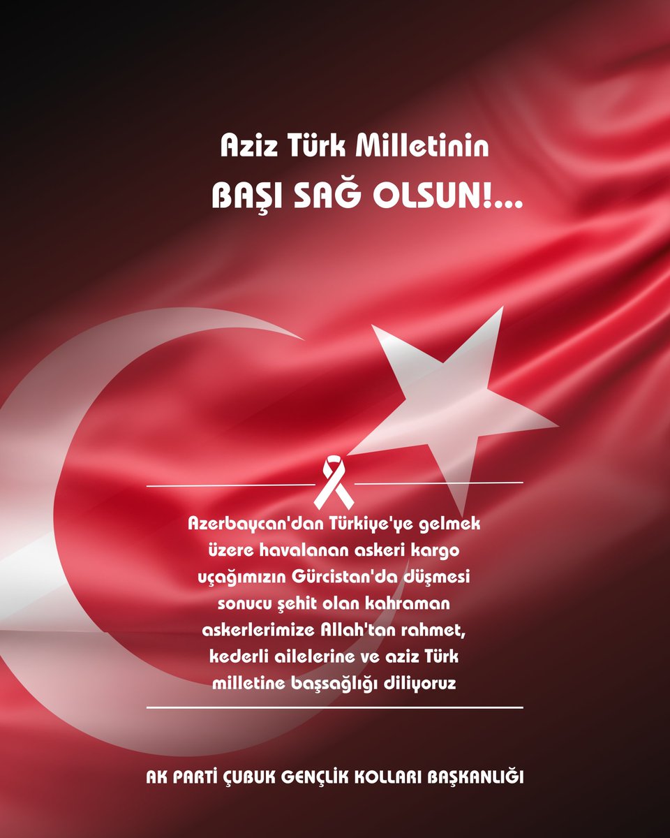 AkGenclikcubuk's tweet photo. Azerbaycan'dan Türkiye'ye gelmek üzere havalanan askeri kargo uçağımızın Gürcistan'da düşmesi sonucu şehit olan kahraman askerlerimize Allah'tan rahmet, kederli ailelerine ve aziz Türk milletine başsağlığı diliyoruz https://t.co/gNwOaczeLP