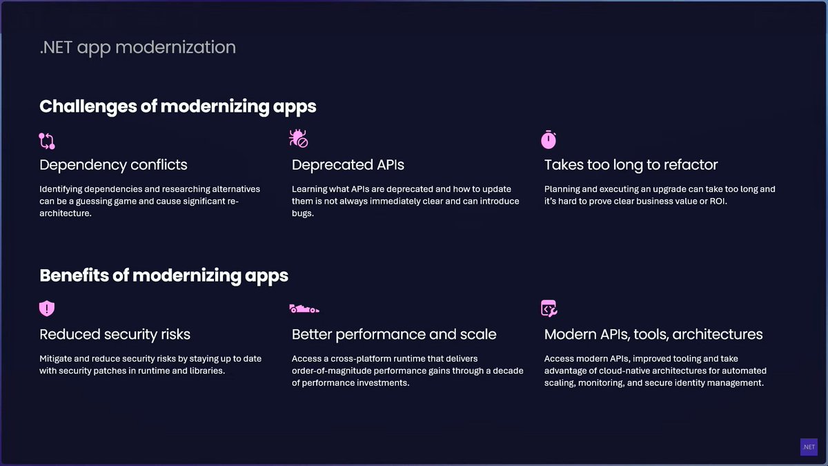 CHBernasconiC's tweet image. A brilliant slide to save for when someone asks you why you might want to modernize an existing app. #dotNETConf