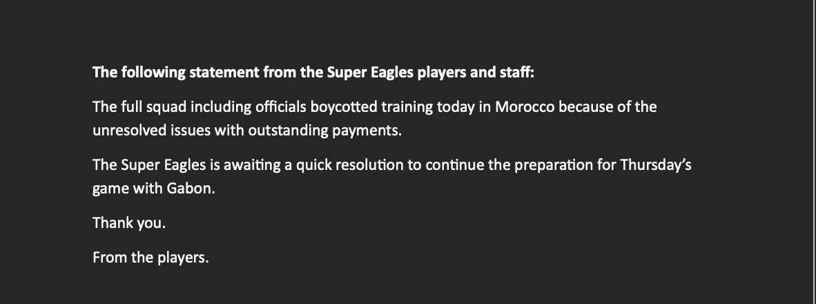Players owed bonus since 2019.

None of the Super Eagles players has received their allocated allowances or bonus for reaching the 2025 AFCON and 2026 World Cup playoff

Nigeria players &amp; staff boycott Tuesday training ahead of Thursday’s game vs Gabon.

Tired of empty promises.