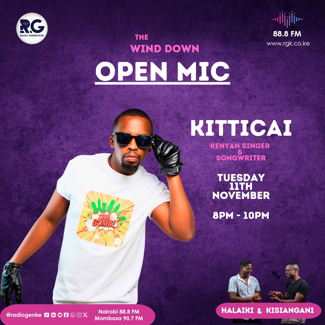 RadioGenKe's tweet image. Our guest tonight is the very energetic and gifted @MichaelKitticai, singer-songwriter.
Tune in to The Wind Down #OpenMic with @bashirhalaiki &amp;amp; @manukisiangani and get to know the man behind the music.
Nairobi 88.8 FM | Mombasa 90.7 FM | radiogeneration.co.ke #HomeOfHardTruths