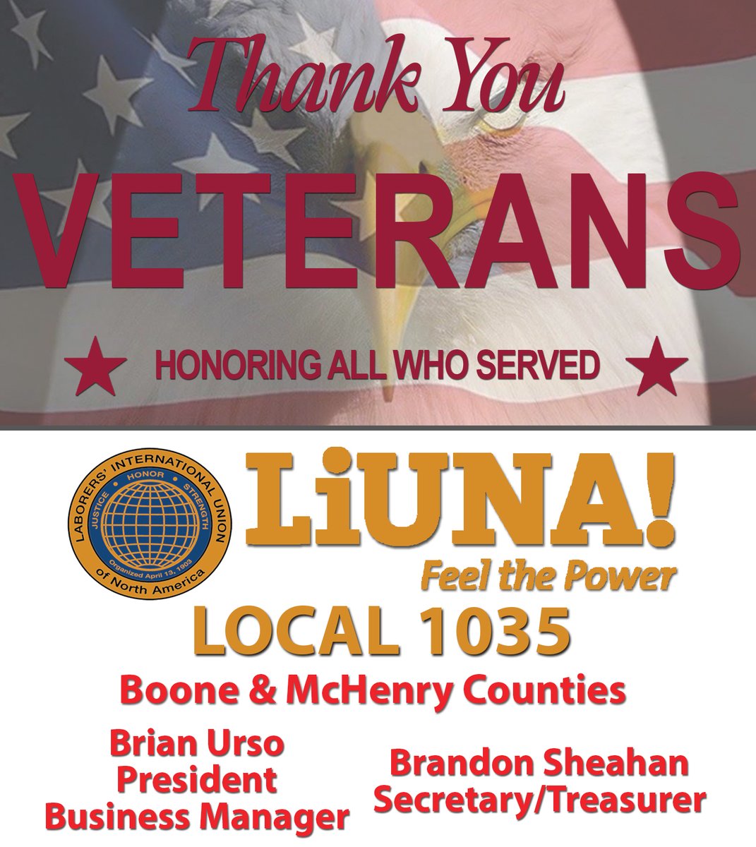 🇺🇸 This #VeteransDay, the Marengo-based <a href="/LIUNA/">LIUNA</a> Laborers' Local 1035 proudly honors America’s Veterans. Your strength, leadership, and dedication make our country and our workforce stronger.
#UnionStrong #Solidarity #LaborNews
