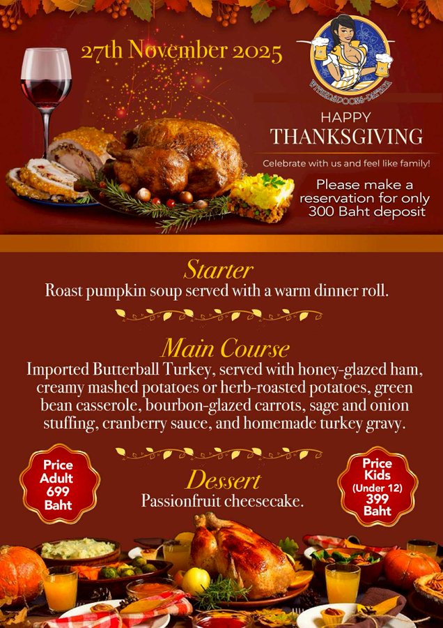 A festive red background with gold text announcing Happy Thanksgiving and a cartoon woman in blue dress holding a turkey. Central image shows a whole roasted turkey on a platter with green beans carrots and stuffing surrounded by autumn leaves. Bottom section displays a wine glass with red liquid roasted turkey slices on a plate with mashed potatoes and vegetables passion fruit cheesecake on a table with pumpkins and table settings.