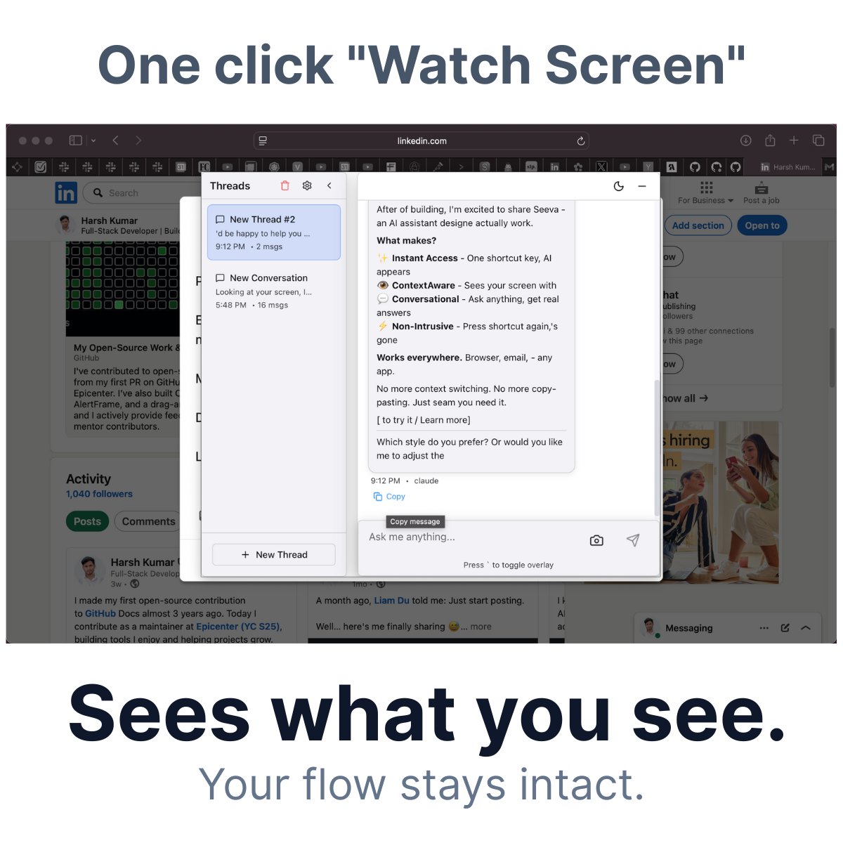 thisisharsh7's tweet photo. Meet Seeva: an AI assistant that sees your screen.

Press a key → It appears
Click "Watch Screen" → It sees what you see
Ask anything → Get help
Press a key → Gone

Works everywhere. Runs on your computer.

https://t.co/uK5TQoM52i https://t.co/nDRIKUbga7