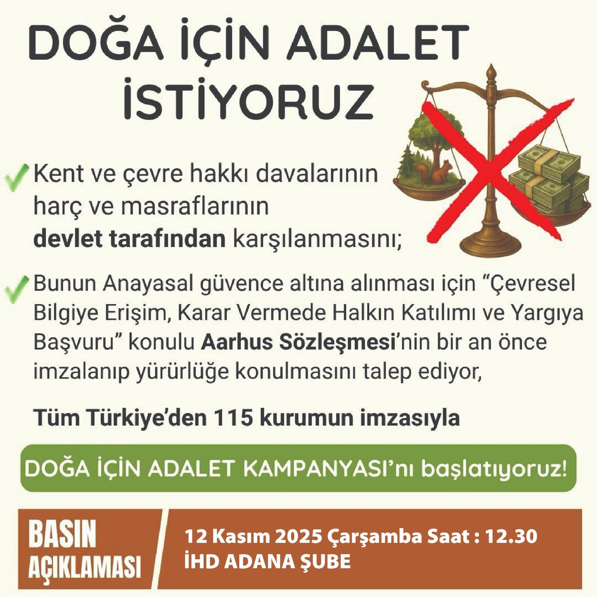 #DOĞAİÇİNADALET

Katlanılamaz ve karşılanamaz boyutlara ulaşan yargılama giderleri, hak arama özgürlüğünü ve adalete erişimi engelliyor.

DOĞA İÇİN ADALET Kampanyası yarın (12.11.2025 Çarşamba) başlıyor.

Katılımınızı ve yaygınlaştırmanızı diliyoruz.