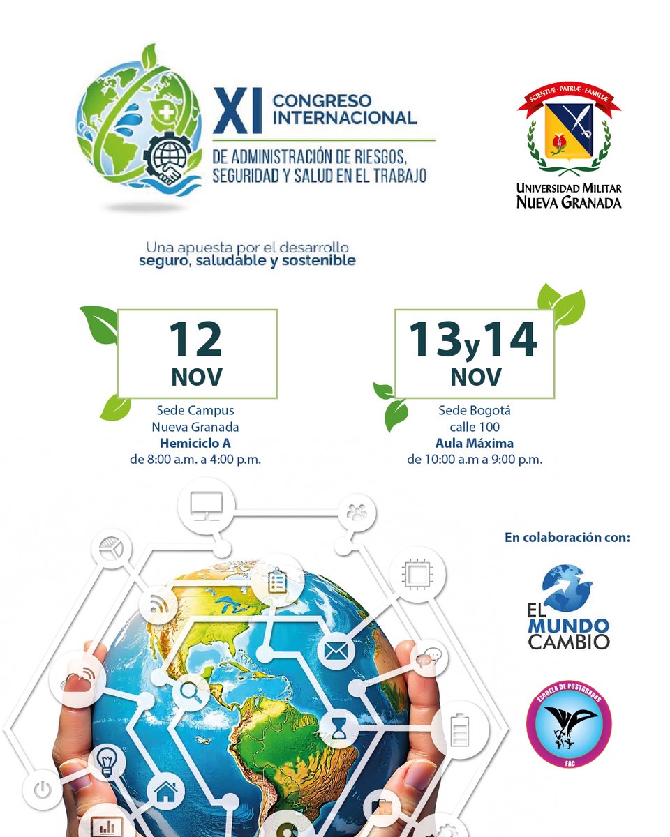 Te invitamos a este encuentro académico que reunirá a expertos nacionales e internacionales para dialogar sobre los desafíos actuales en materia de riesgos laborales, bienestar y sostenibilidad.

#UMNG #SeguridadYSaludEnElTrabajo #CongresoInternacional