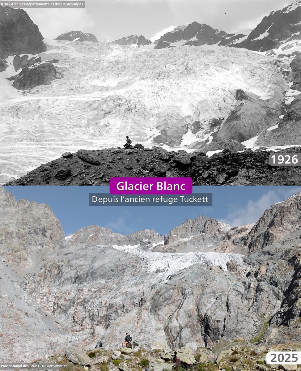 Glacier Blanc from Tuckett Hut
1926 | 2025

Exactly one century of man-induced ice loss at the largest glacier (now) in the Ecrins massif! 🧊🔥

The scale is difficult to grasp here, but the glacier has lost approx. 1.8 km in length over this period! 📈

📷 RTM and Ecrins NP
