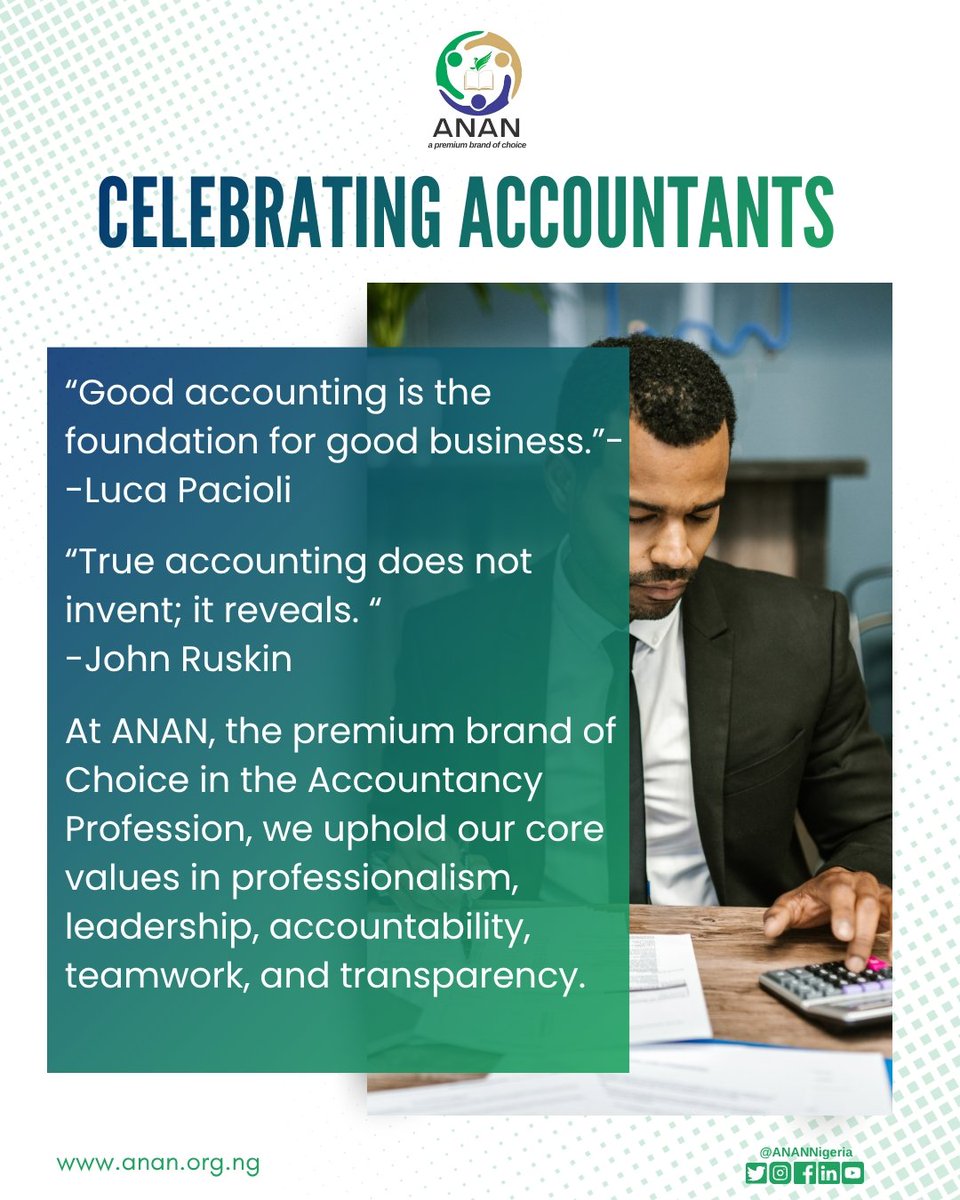 This year's Accounting Week is a reminder for us to reaffirm our commitment to driving the values of ethics and competence in our professional engagements. 
#CelebratingAccountants
#ANANProfessionals
#CelebratingExcellence
#APremiumBrandOfChoice