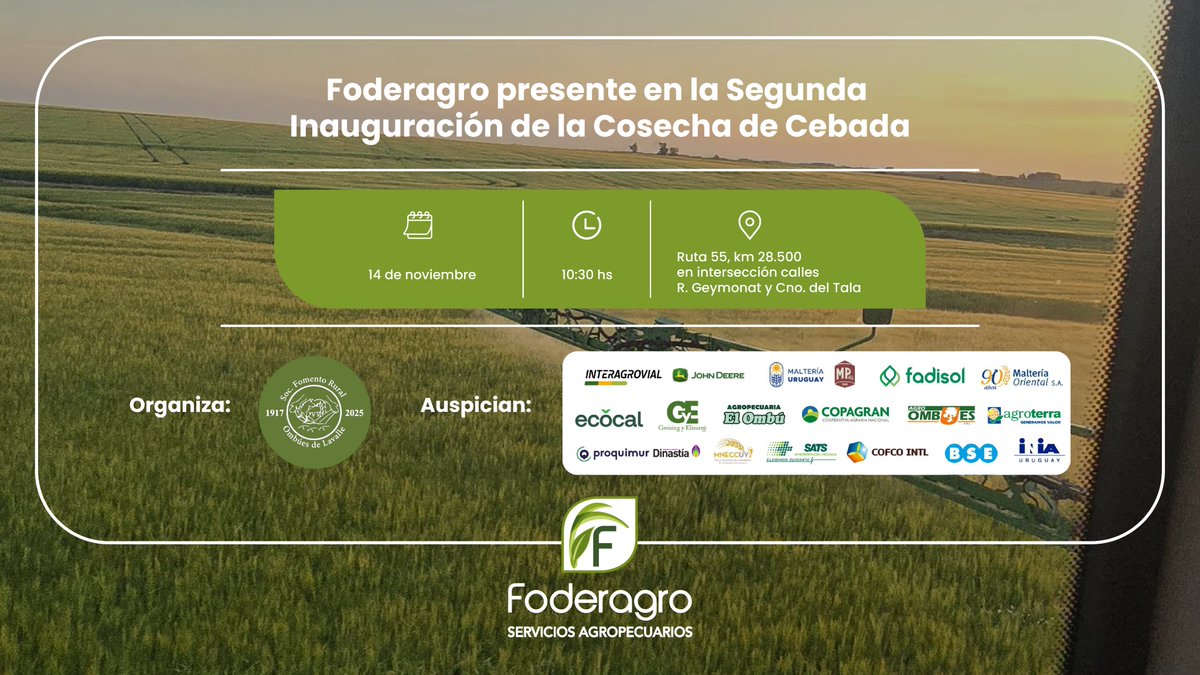 foderagro's tweet image. 🌾 Foderagro presente en la Segunda Inauguración de la Cosecha de Cebada.

Jornada de encuentro y trabajo en Ombúes de Lavalle, compañando a productores e instituciones del sector en el inicio de una nueva campaña.

💪 Seguimos apostando al desarrollo del agro uruguayo con…