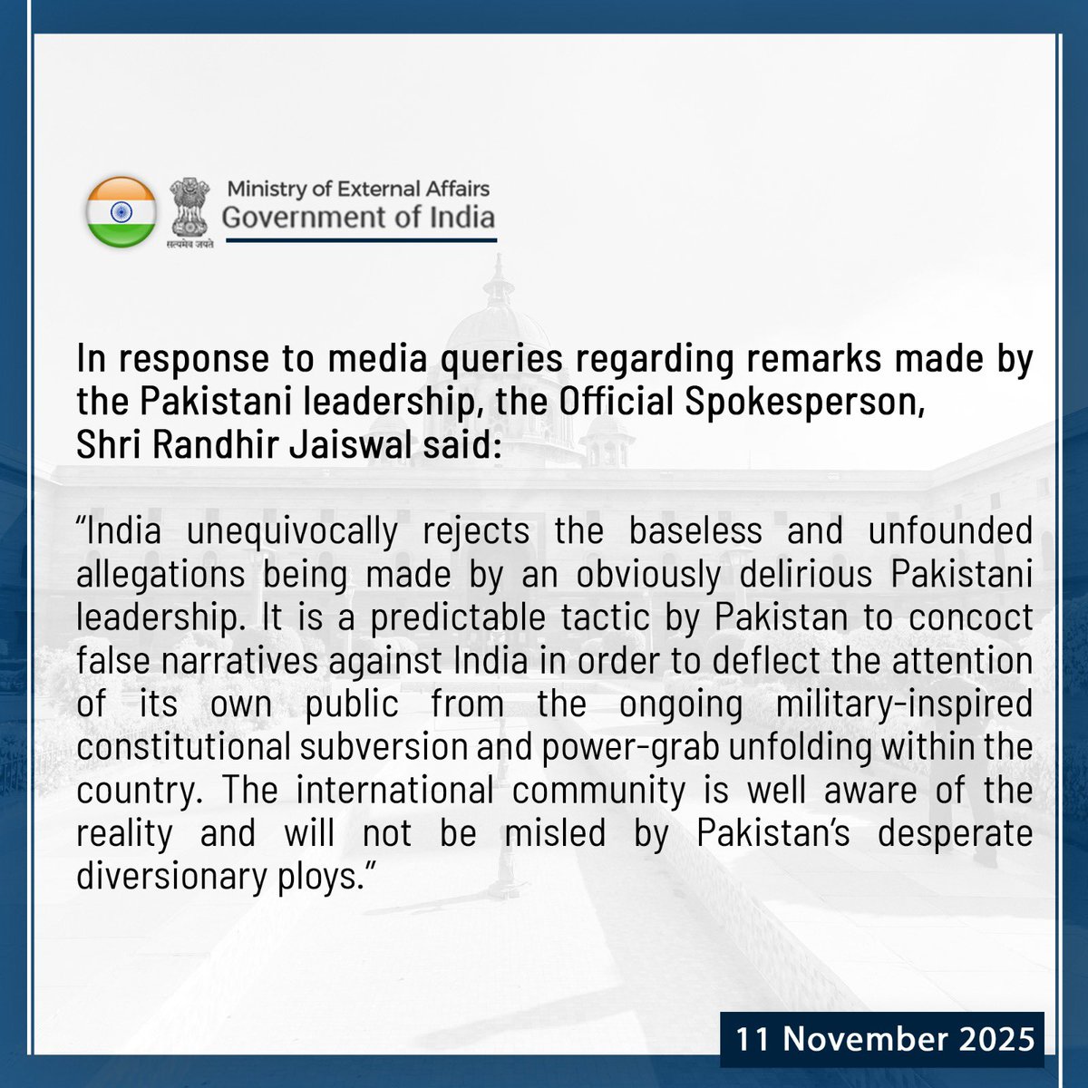 MEAIndia's tweet photo. Our response to media queries on remarks made by the Pakistani leadership⬇️
🔗 https://t.co/tgzgs65ppm https://t.co/rxwpy8AXK6
