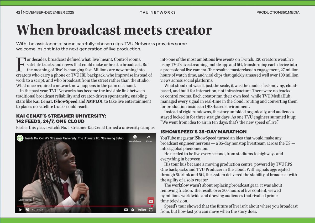 TVUNetworks's tweet image. Big thanks to Production 360° for featuring us in their Nov-Dec issue!  We’re proud of how our team is driving media workflows forward, and it’s awesome to see that spotlight 🙌

Full article: hubs.li/Q03SDjY-0

#MediaTech #BroadcastInnovation #ContentProduction