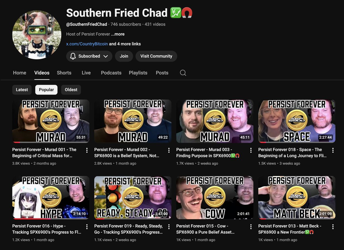 How much <a href="/CountryBitcoin/">Southern Fried Chad 💹🧲</a> has done for SPX6900 is absolutely mind-blowing

In just 4 months of his SPX6900 Persist Forever podcast

He published 30 full episodes with the most inspiring Aeons +400 Youtube Shorts about SPX6900

Subscribe to his Channel now 👉youtube.com/@SouthernFried…